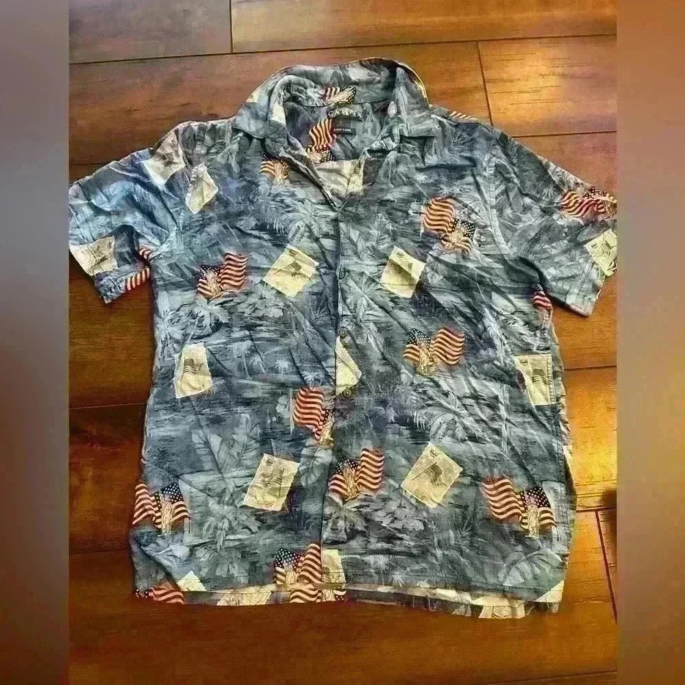 Campia men’s American flag Statue of Liberty button up shirt, 100% rayon. Large